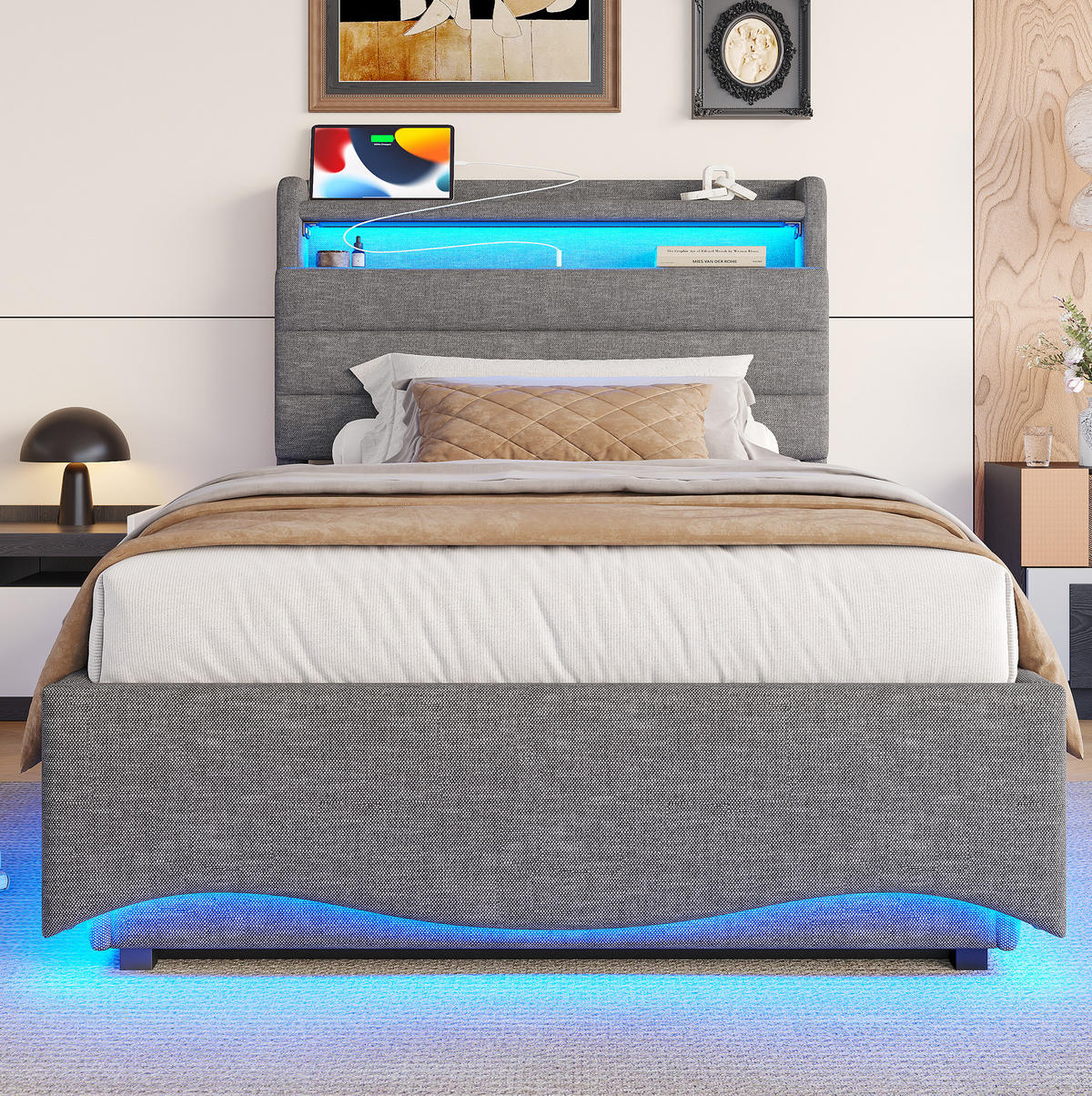 POLSTERBETT 90/200 cm Grau aus Leinen mit Stauraum, LED und USB-Anschlüssen - Grau, Textil (90/200cm) - Flora Grace