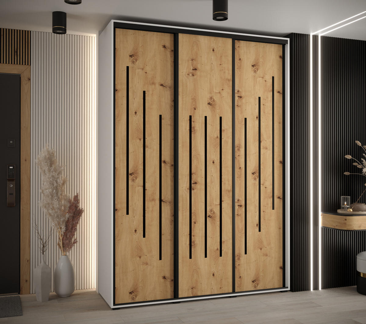 SCHWEBETÜRENSCHRANK 235,2/170/60 3-türig - Schwarz/Eiche Artisan, Holz/Metall (170/235/60cm) - Abiks Möbel