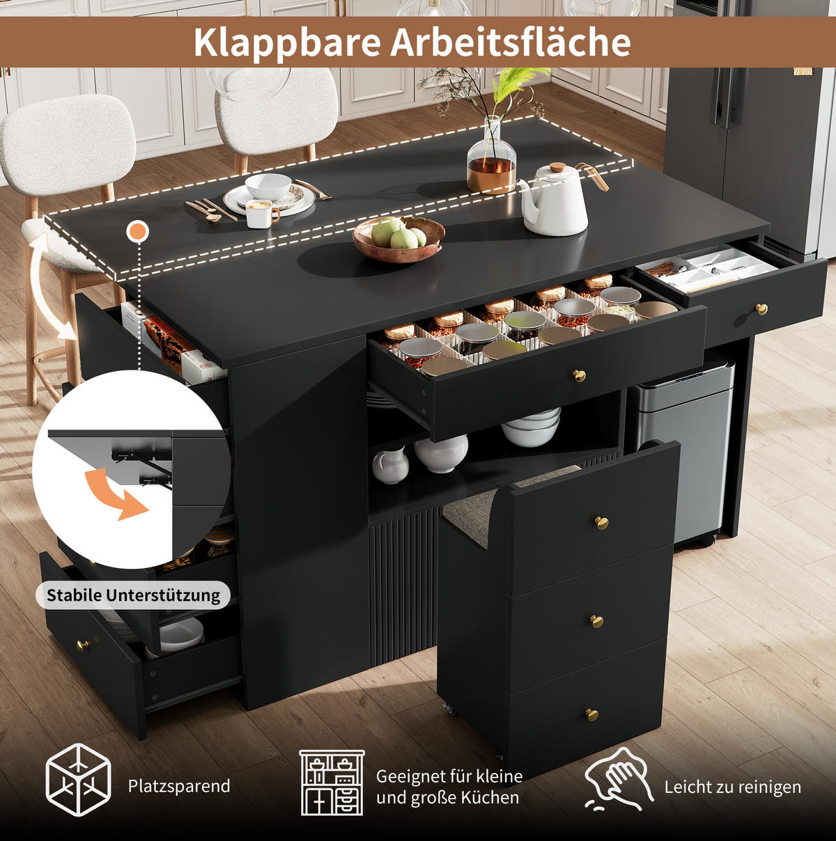KÜCHENINSEL aus MDF mit 6 Schubladen & Hocker, 140/40(70)/89 cm, Schwarz - Schwarz, Holzwerkstoff (40/89/140cm) - Redom