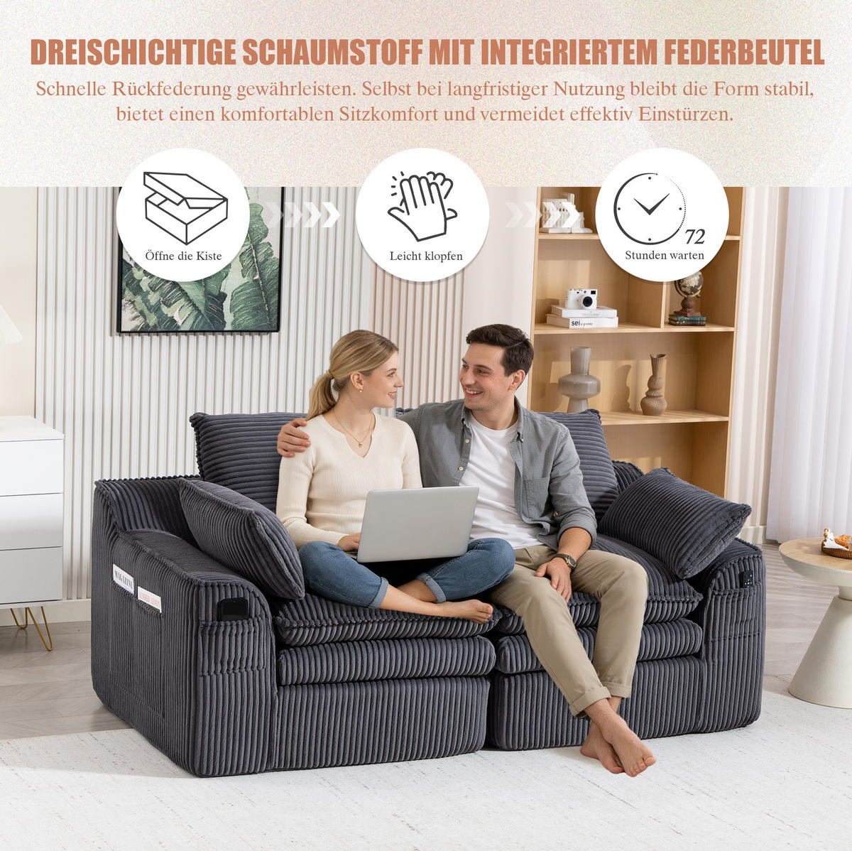 2-SITZER-SOFA 191/94/85 cm mit Seitentaschen, Kissen und Federkern, Cord, Dunkelgrau - Dunkelgrau, Textil (191/85/94cm) - Redom