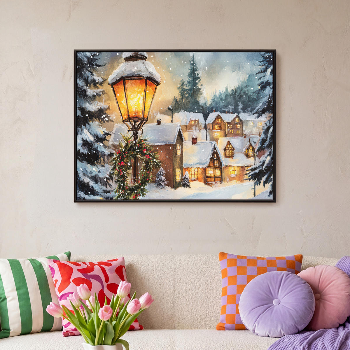 LEINWAND Bilder mit Rahmen - Weihnachtsdorf - Häuser - Schnee - Weihnachten - 80x60 - Sandfarben, Textil (80/60cm) - MuchoWow