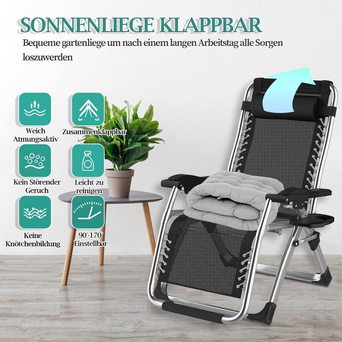 SONNENLIEGE Grau 83 cm - Schwarz, Metall (83/80/175cm)