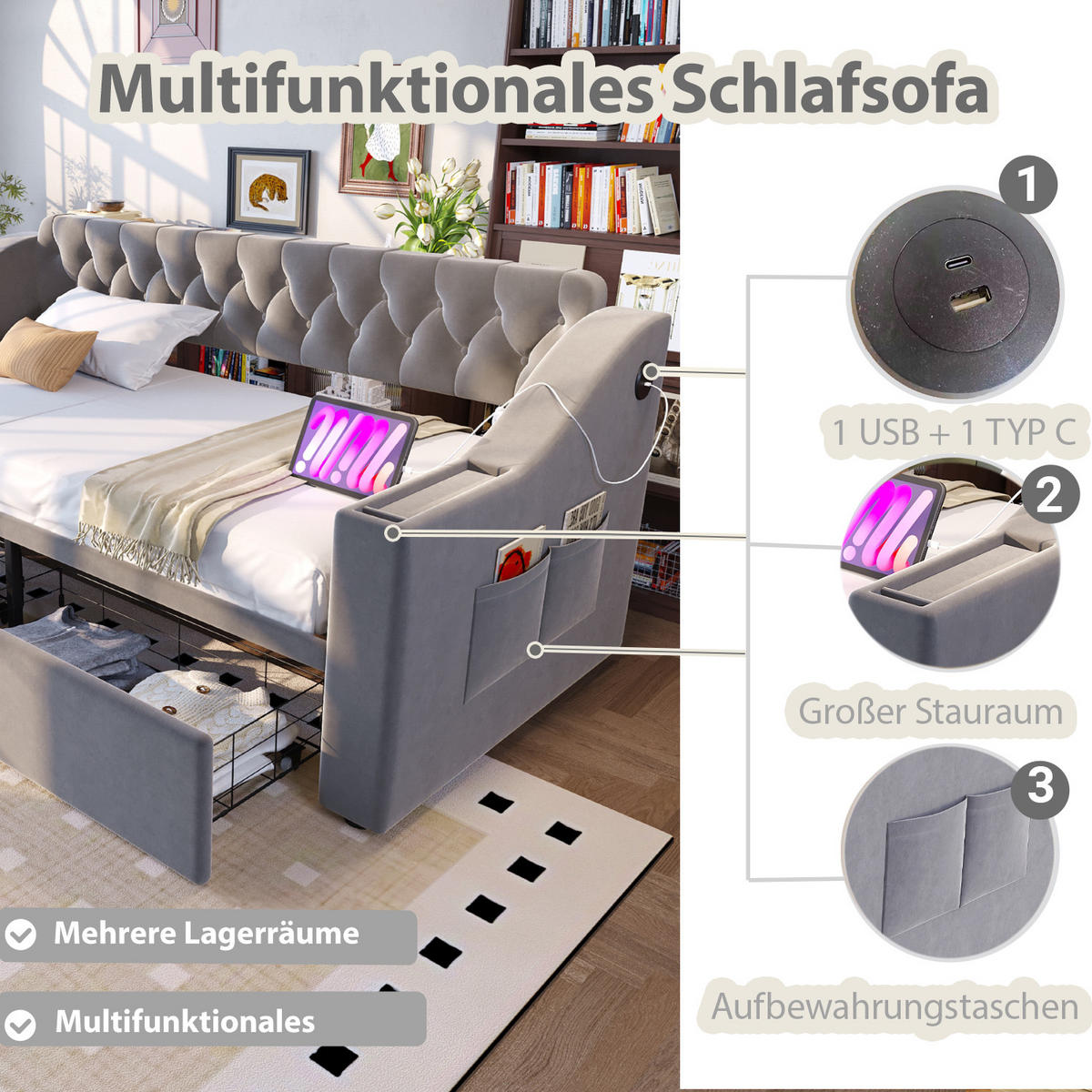 POLSTERBETT 90/190 cm Hellgrau mit Stauraumschubladen und USB - Hellgrau, Textil (90/190cm) - MIVRAY