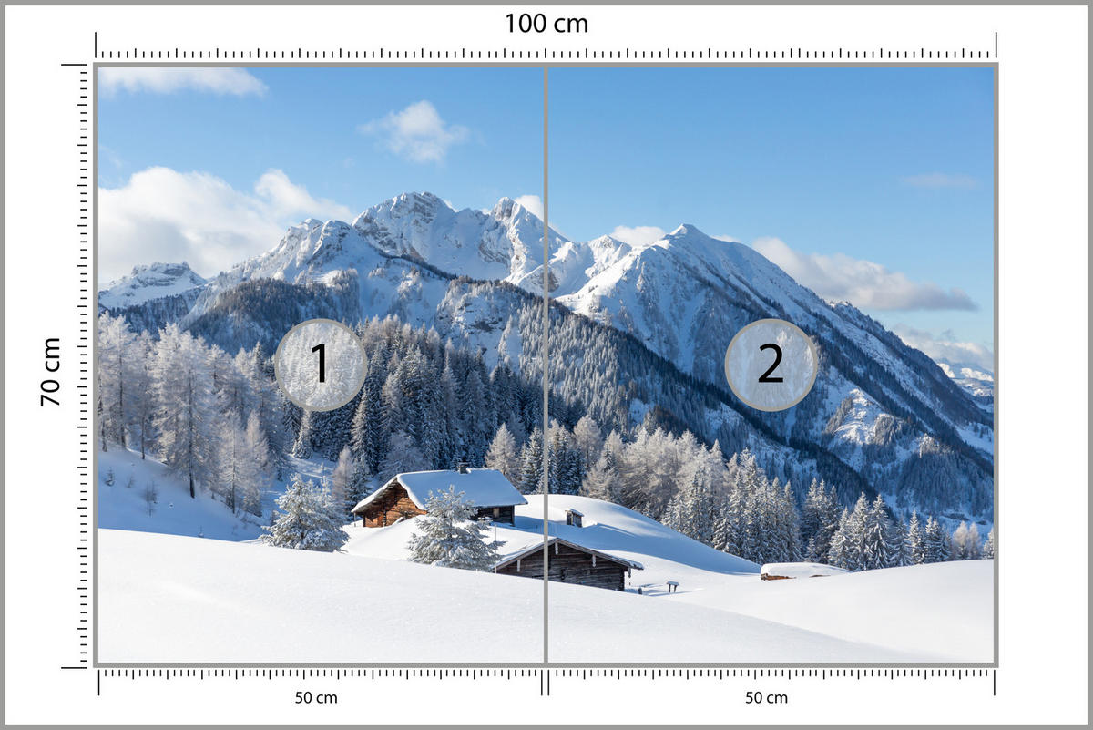 FOTOTAPETE für Wohnzimmer Felsige Berge Winter Tannen Holzhütten Schnee 100x70 - Braun/Weiß, Papier (100/70cm) - Muralo