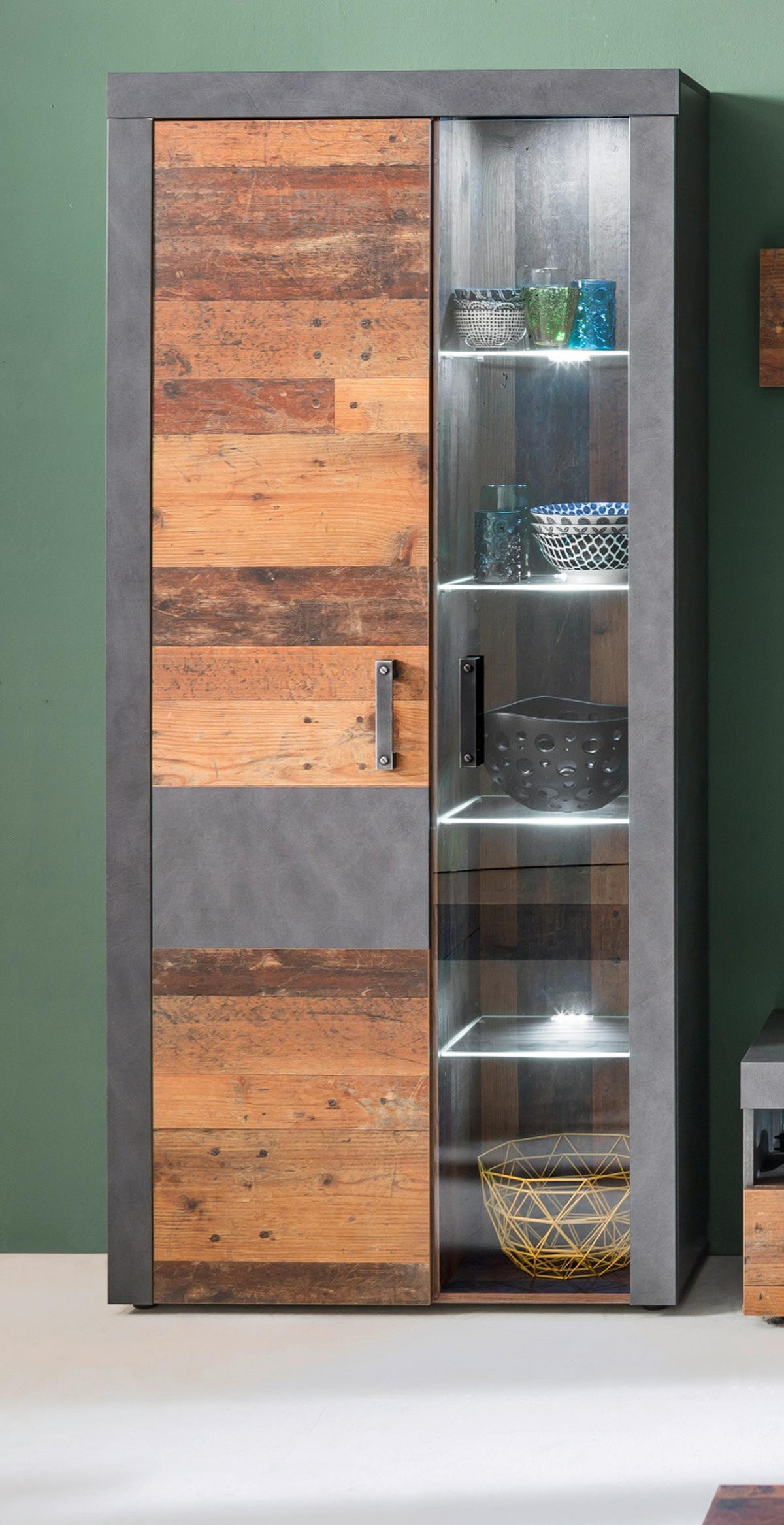 VITRINE Used Wood Altholz Design mit Grau, Vitrinenschrank mit LED Beleuchtung - Silberfarben/Schwarz, Glas/Holzwerkstoff (87/189/34cm) - Top.Furn