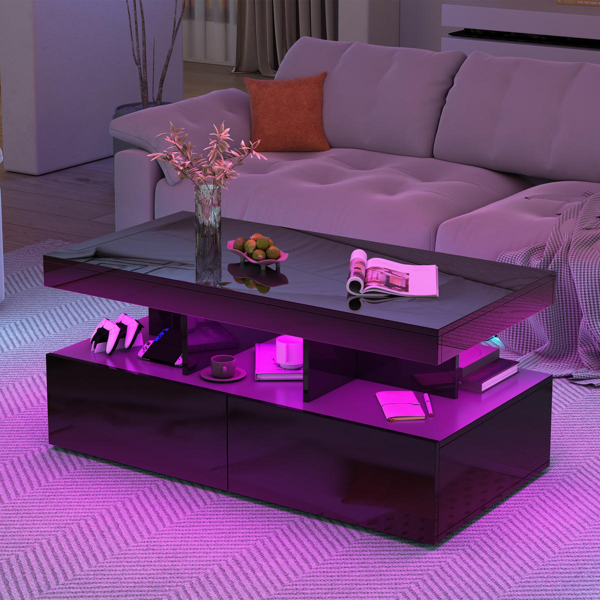 COUCHTISCH mit LED Stauraum Schublade 104x53x46 cm - Schwarz, Holzwerkstoff (104/53/46cm) - SHOPENTRA