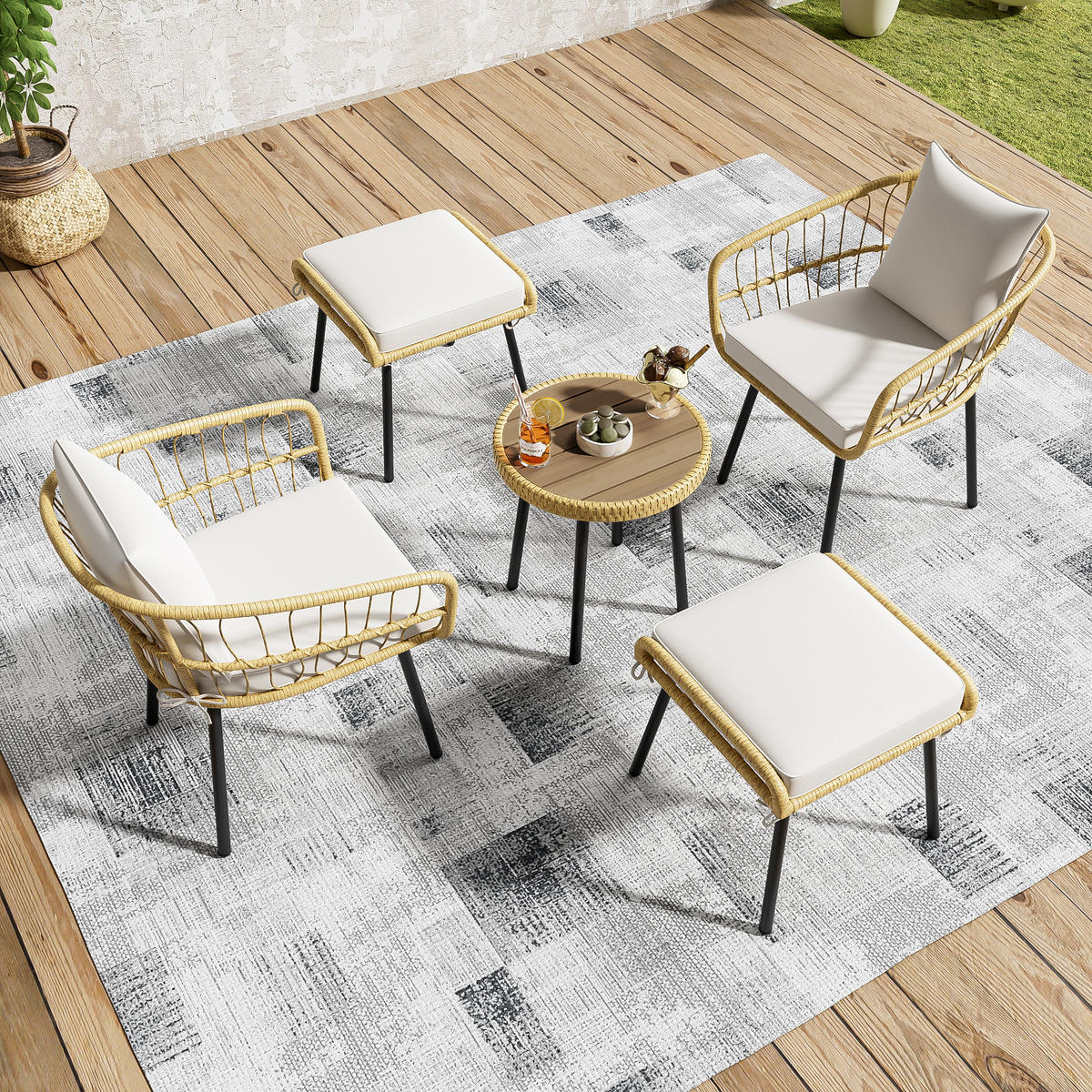 GARTENSET 5 tlg Rattan Natur - Weiß, Naturmaterialien - LEBENLANG