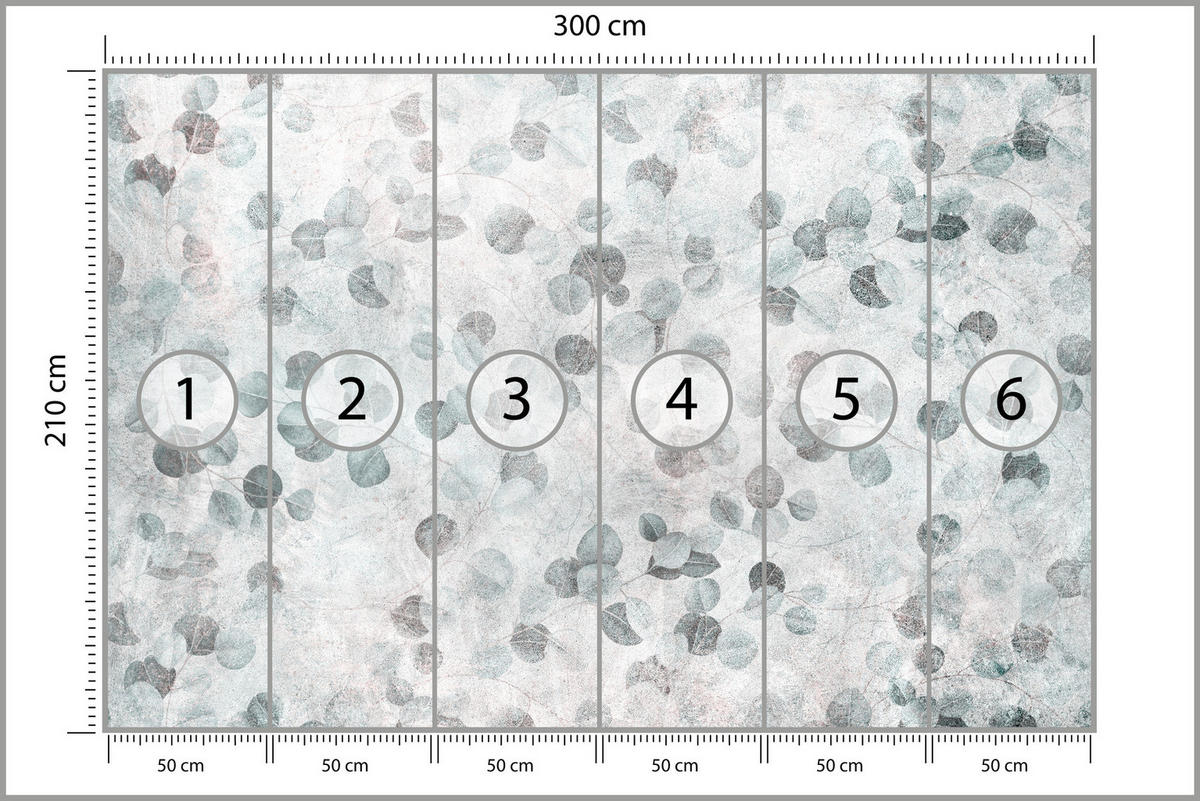 FOTOTAPETE Eukalyptusblätter Beton Vintage Stil 300x210 - Grau/Grün, Papier (300/210cm) - Muralo