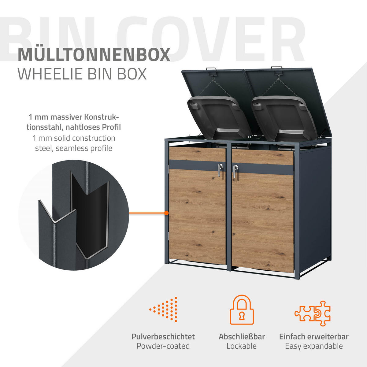MÜLLTONNENBOX 4er Anthrazit-Eichenoptik - Braun, Metall (80/116.3/264cm) - ML-DESIGN