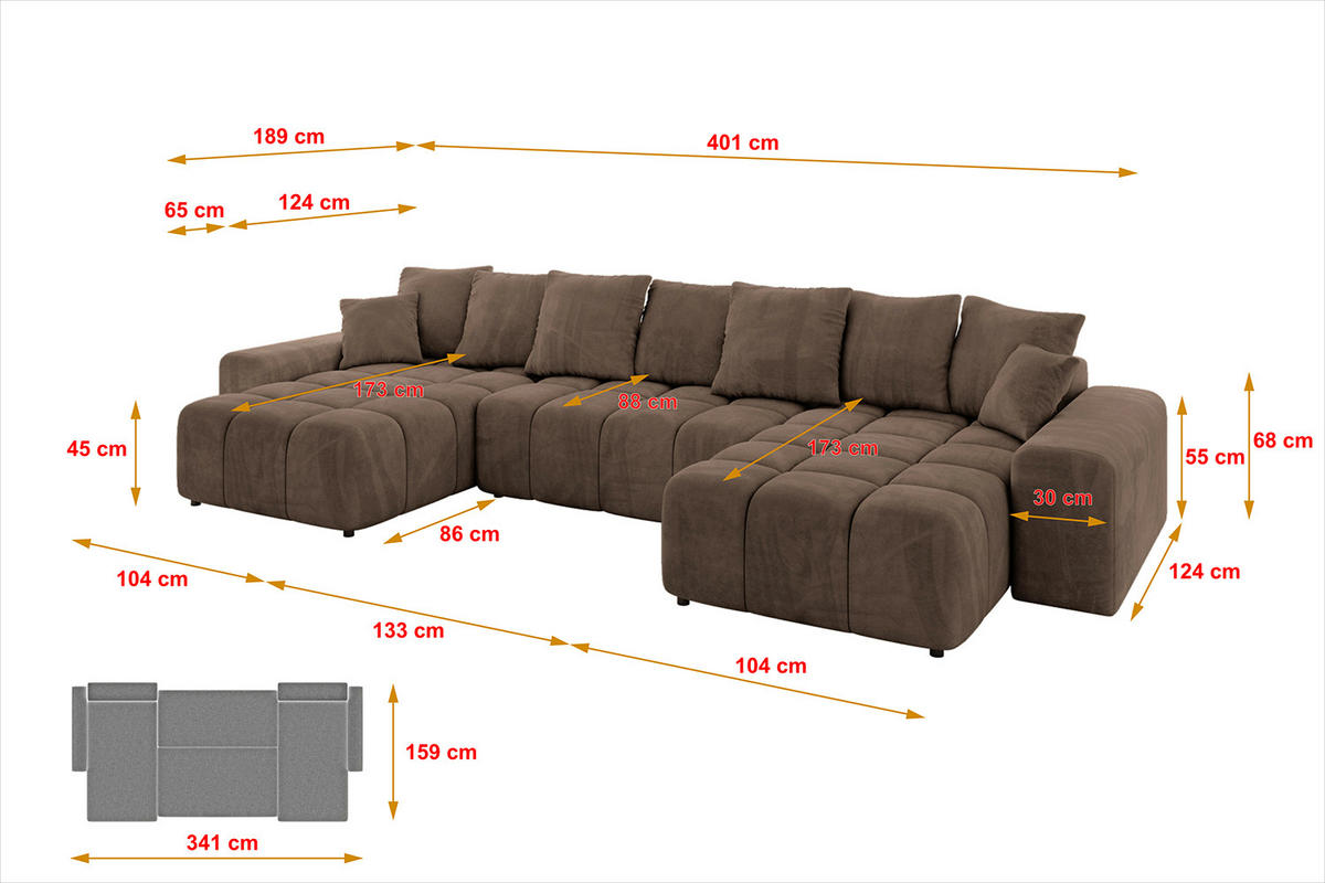 WOHNLANDSCHAFT ENIL-U 401x189x68 Braun Velours - Braun, Holzwerkstoff/Kunststoff (401/68/189cm) - ALTDECOR