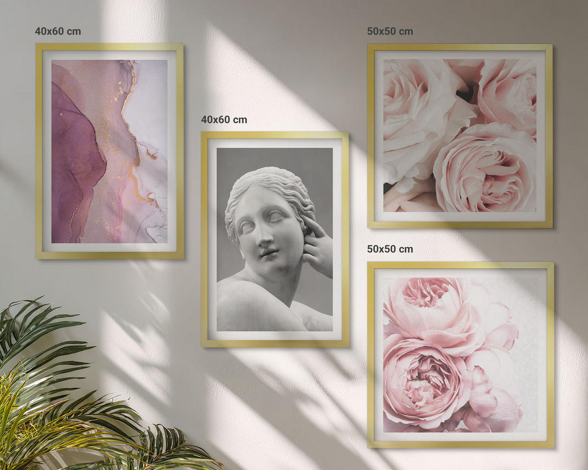 BILDER SET 4er Set - 50x50 cm & 40x60 cm Goldrahmen - Pfingstrosenskulptur einer Frau - Goldfarben, Kunststoff (50/50cm) - TULUP