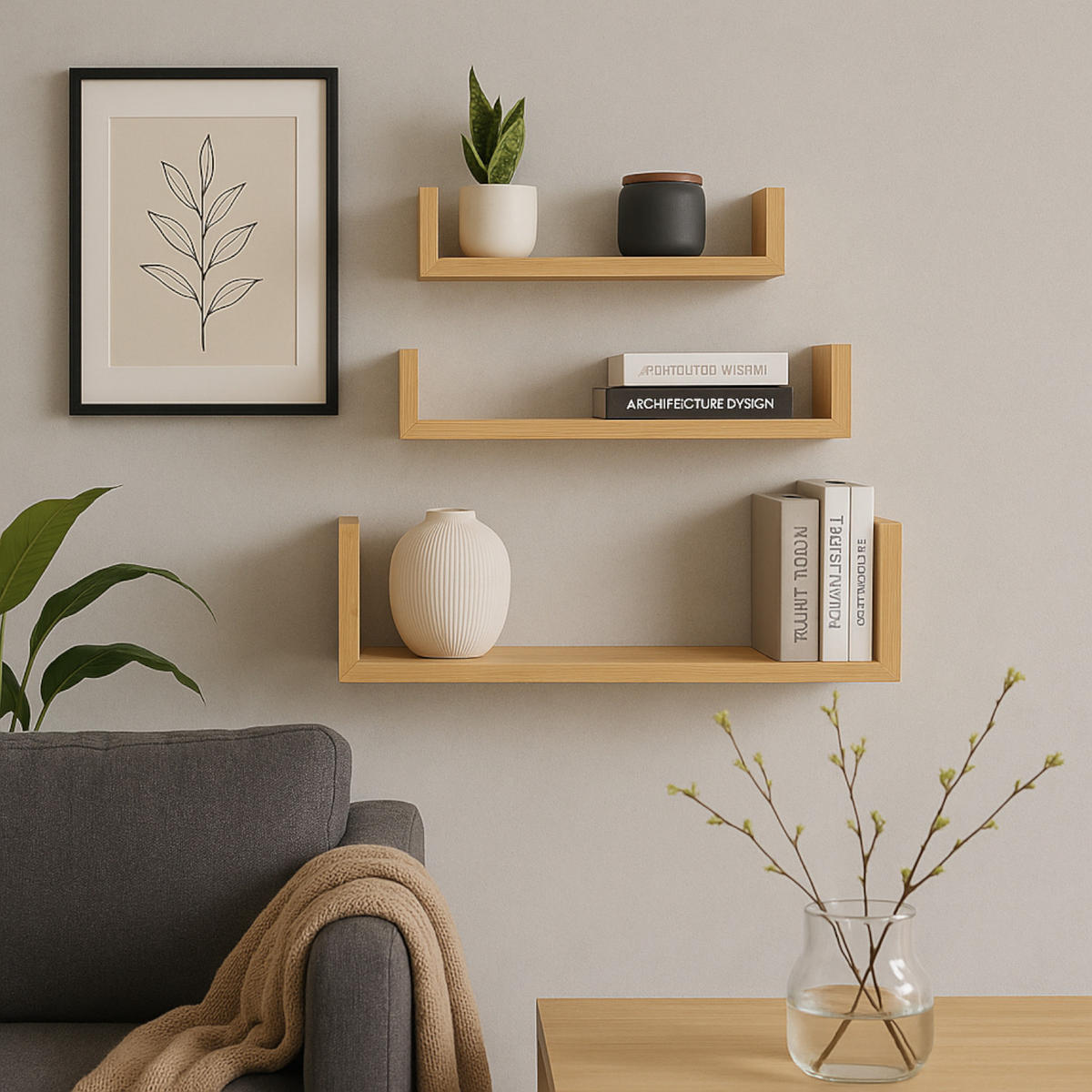 WANDREGAL in Bambusfarbe 3er-Set U-Form 30/45/60x15x10 cm - Naturfarben, Holzwerkstoff (60/15/15cm) - Begryf