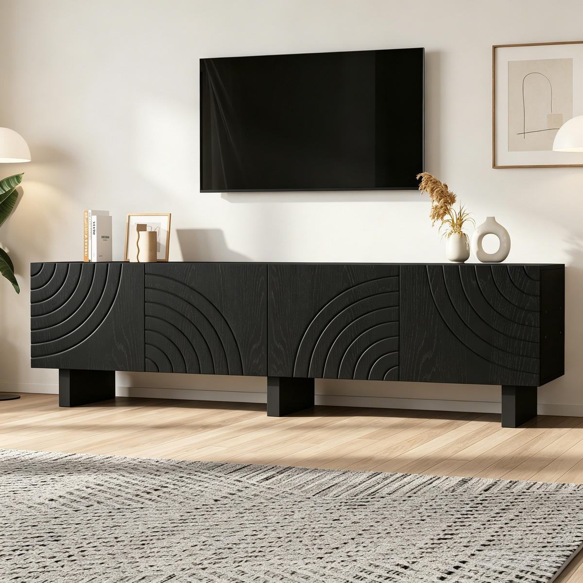 LOWBOARD in Schwarz TV-Schrank mit 2 Ablagen, für 75-Zoll-Fernseher , B180/T40/H55 cm - Schwarz, Holzwerkstoff (180/55/40cm) - STILVORA