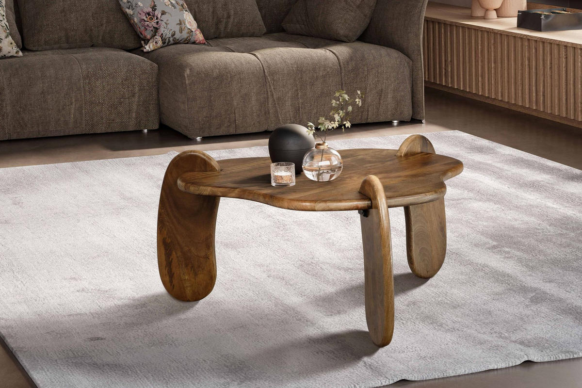 COUCHTISCH in Walnussfarbe aus Mangoholz Massiv, Niedriges Dreibein-Design, Organisch, 78x78x39.5cm - Braun, Holz (78/78/40cm) - KADIMA DESIGN