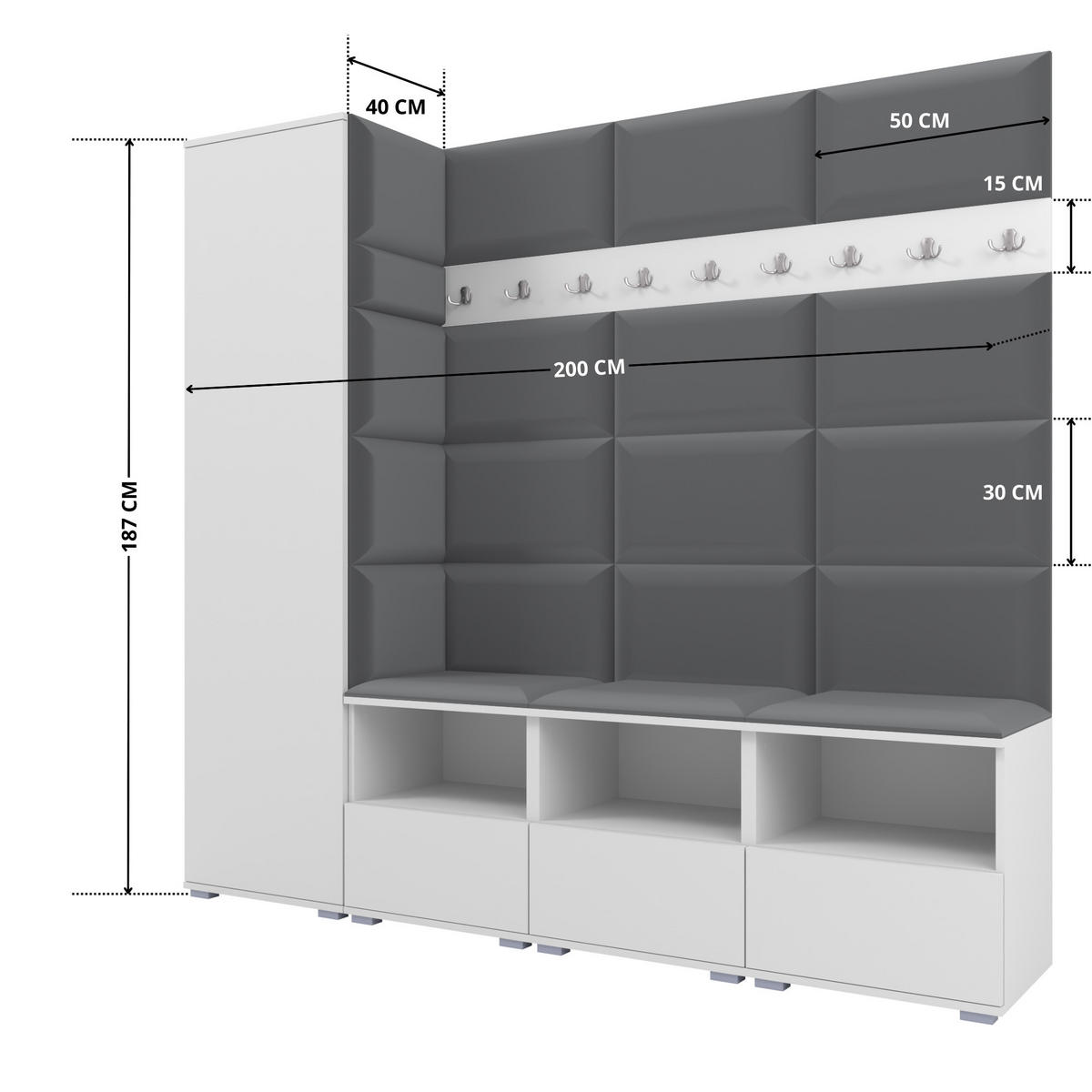 GARDEROBE NELA IX 200 cm (Modulare Flurmöbel Weiß mit Sitzpolster Dunkelgrau 15 Breite Sitzbank) - Dunkelgrau/Silberfarben, Holz/Holzwerkstoff (200/187/40cm) - Ravio