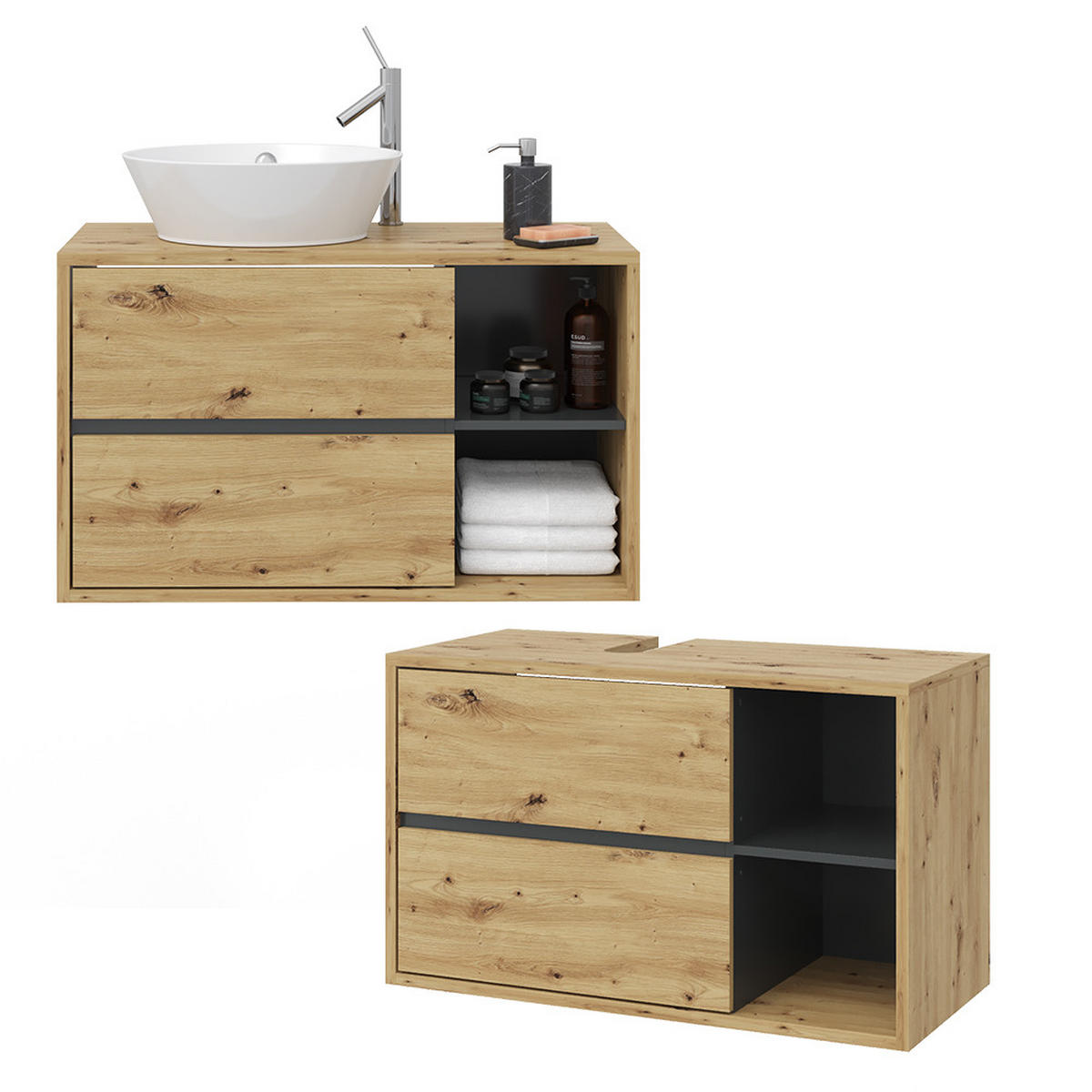 WASCHBECKENUNTERSCHRANK Viola Artisan-Eiche 100 x 60 cm - Eichefarben/Anthrazit, Holzwerkstoff (100/60/45.5cm) - Vicco