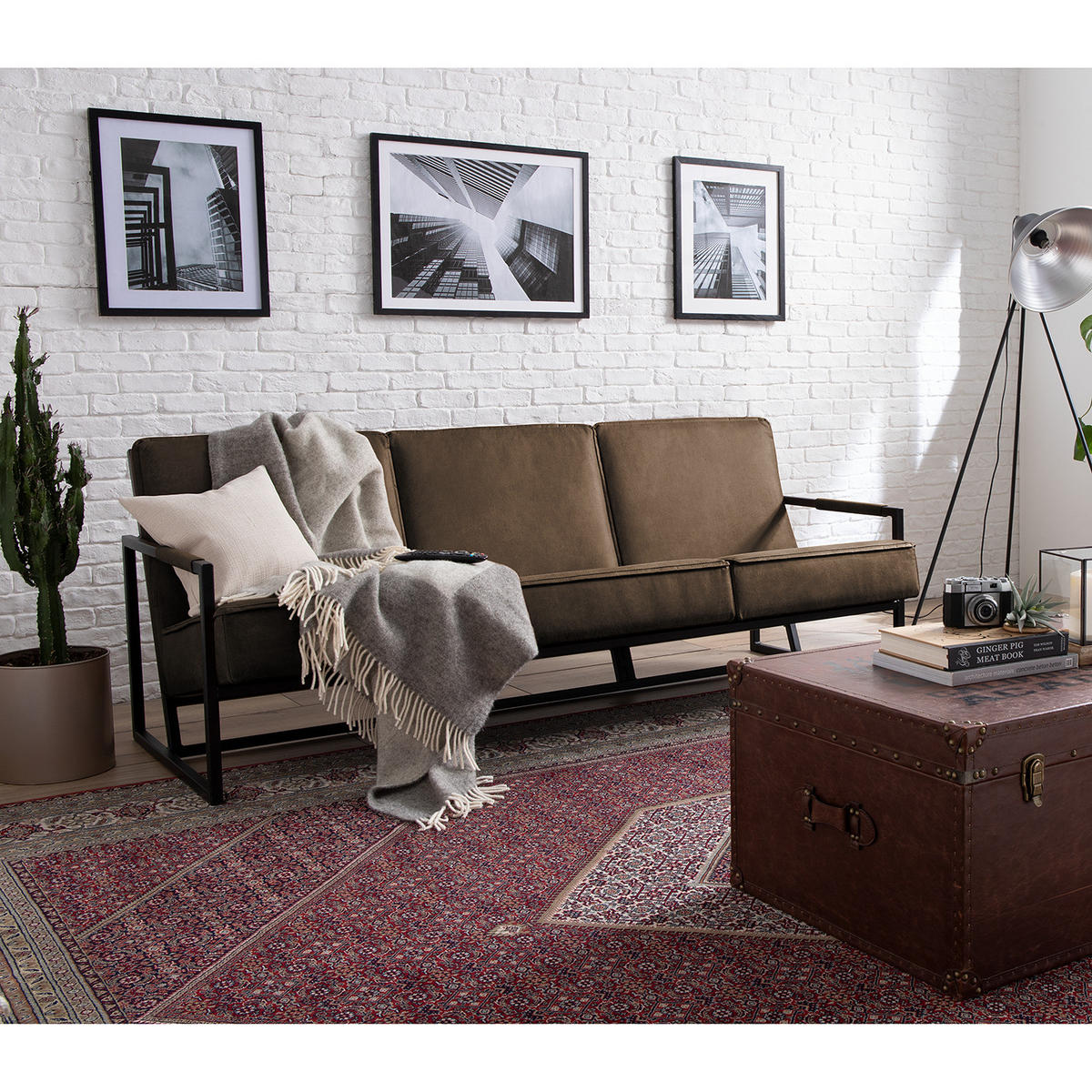 3-SITZER SOFA - Antiklederlook - Graubraun, Textil (185/74/82cm) - home24