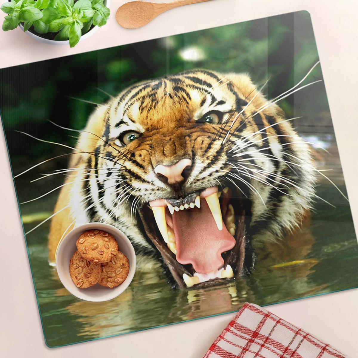 GLASPLATTE 60x52 cm Brüllender Tiger - Orange, Glas (60/0.4/52cm) - TULUP