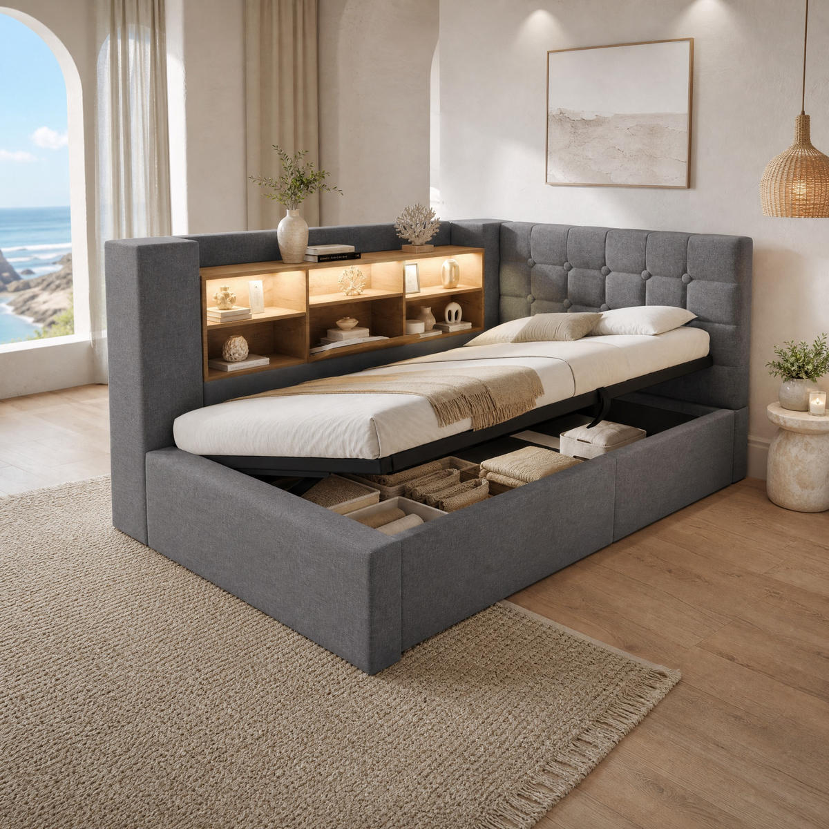 POLSTERBETT 90/200 mit Bettkasten, LED und USB in Grau - Grau, Holzwerkstoff/Textil (90/200cm) - EVRYAE