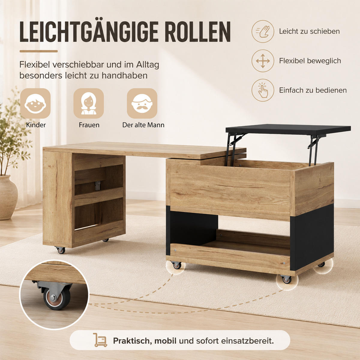COUCHTISCH 360° drehbar mit Liftfunktion, Stauraum/Rollen, ausziehbar, - Eichefarben/Schwarz, Holz/Kunststoff (50/120/55cm) - LVHOM