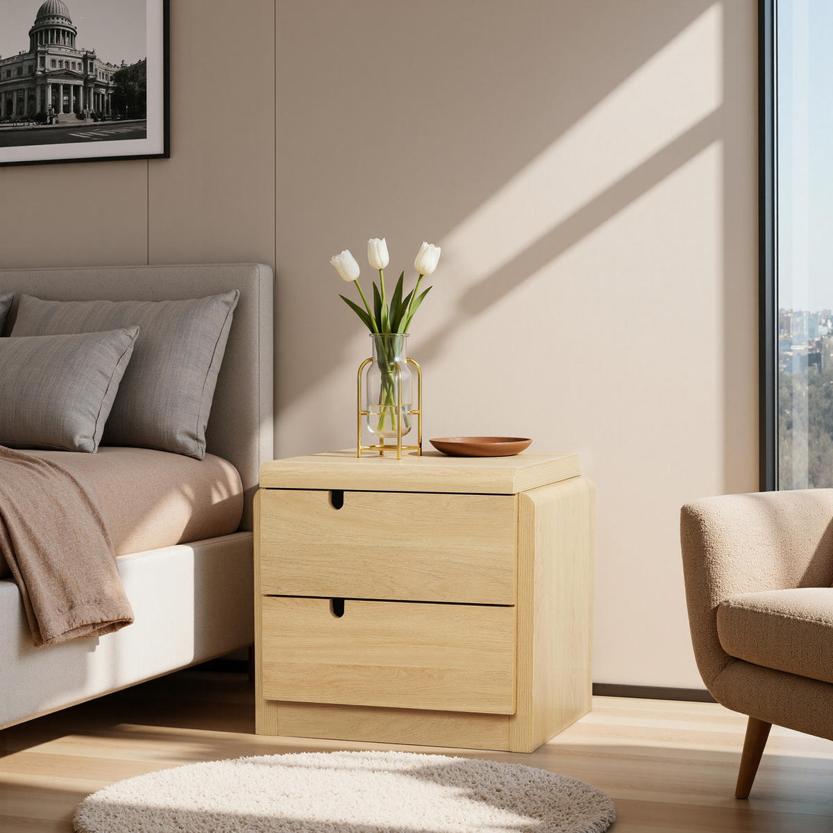 NACHTTISCH Modern mit 2 Schubladen, Eichenfarben, MDF | B55 x T40 x H53 cm - Eichefarben, Holz (55/53/40cm) - Hometopia