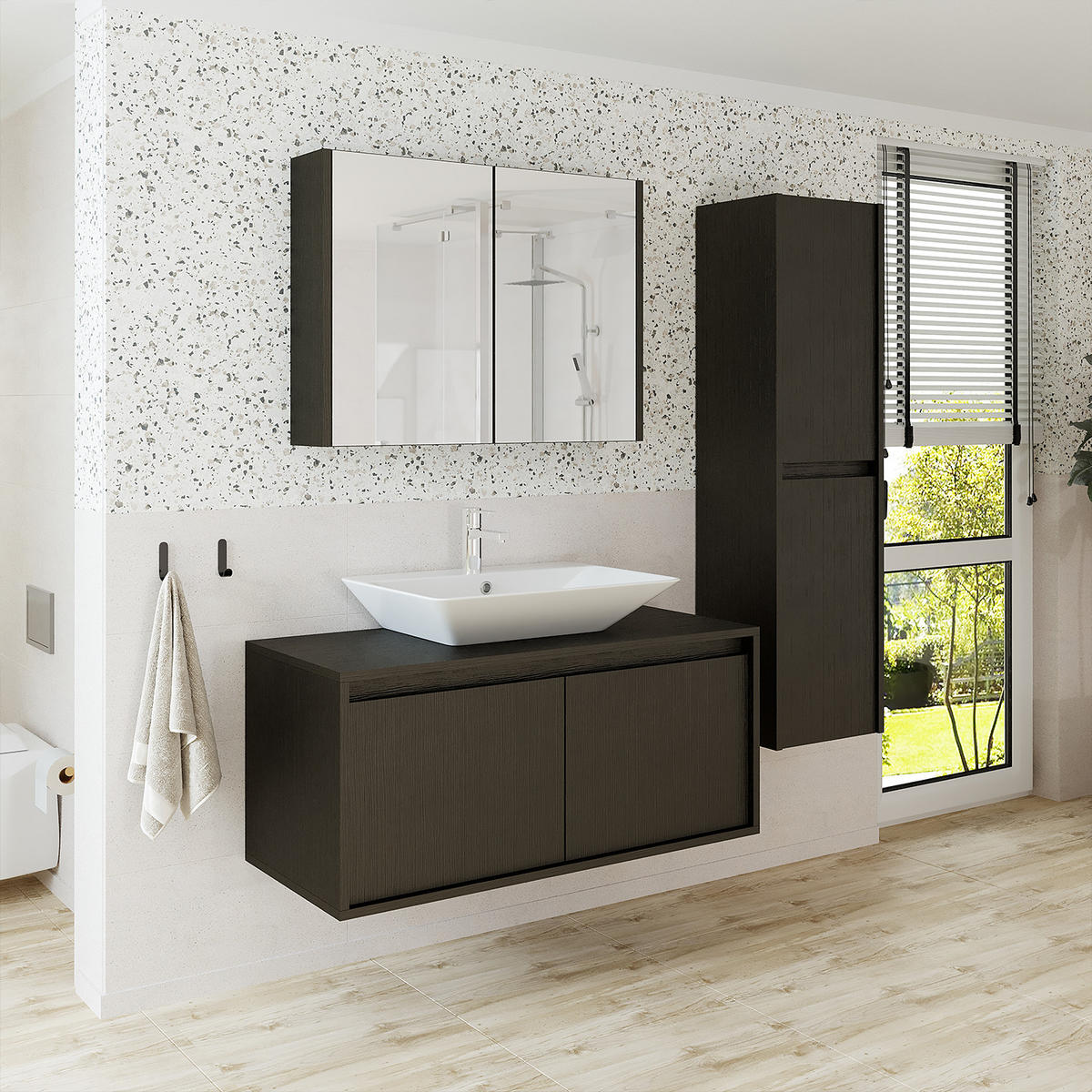 BADMÖBEL Set ATLANTIC-100 4-teilig - Schwarz, Holzwerkstoff (100/150/45cm) - Roomart