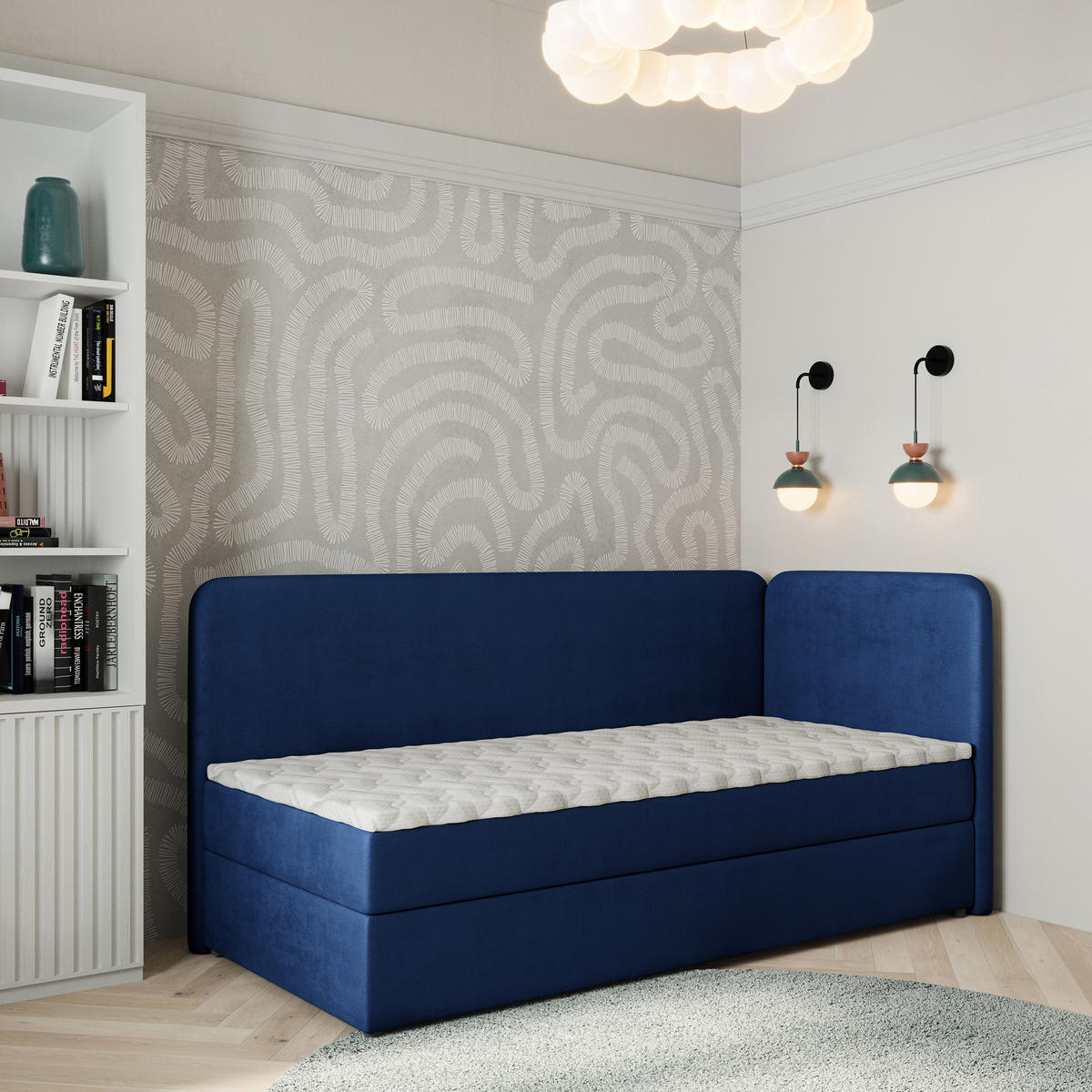 BOXBETT GINA 100x200 cm mit Matratze und Topper, H2+H3 - Blau - Blau, Holz (100/200cm) - MASSENO