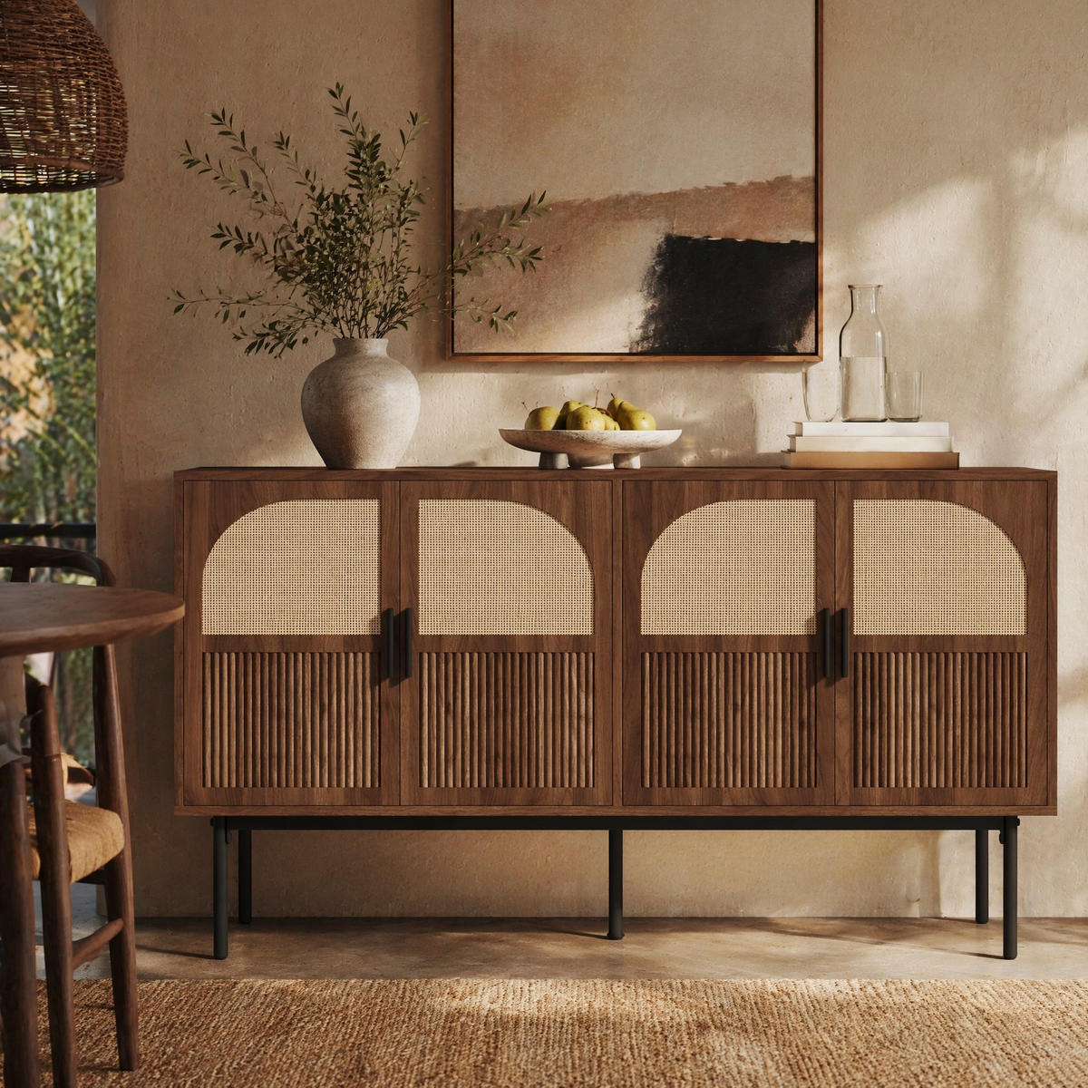 SIDEBOARD in Naturfarben Kommode mit Stauraum und Metallbeinen für Wohnzimmer und Esszimmer, B140/T40/H80cm - Schwarz/Naturfarben, Holzwerkstoff/Metall (140/80/40cm) - STILVORA