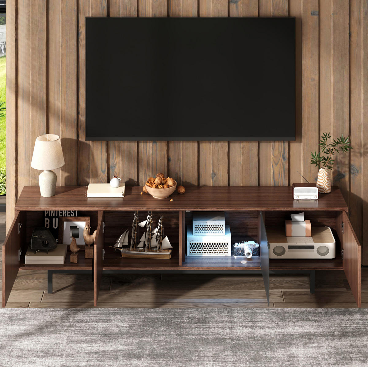 TV-LOWBOARD aus MDF und Holzwerkstoff 200x35x53 cm Schwarz/Walnussbraun mit LED-Lichtleiste und modernem Design - Schwarz, Holzwerkstoff (200/53/35cm) - Modfu