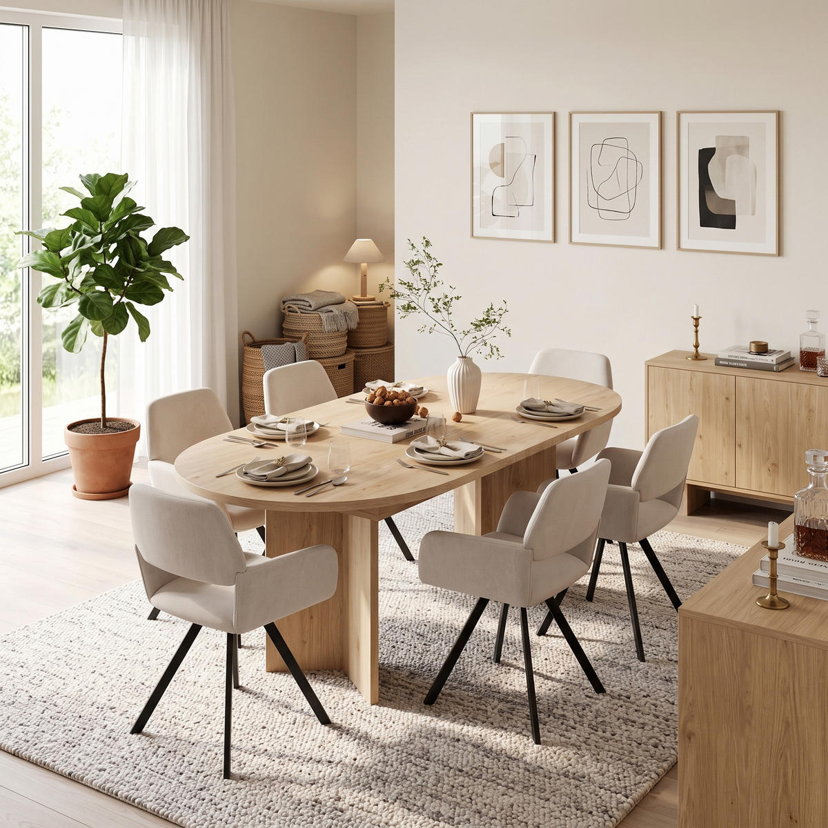 ESSGRUPPE 1+6 Ausziehbarer Tisch Eiche 120-160cm & 6 beige Drehstühle - Eichefarben, Holzwerkstoff (160/75.5/80cm) - Urban Meuble