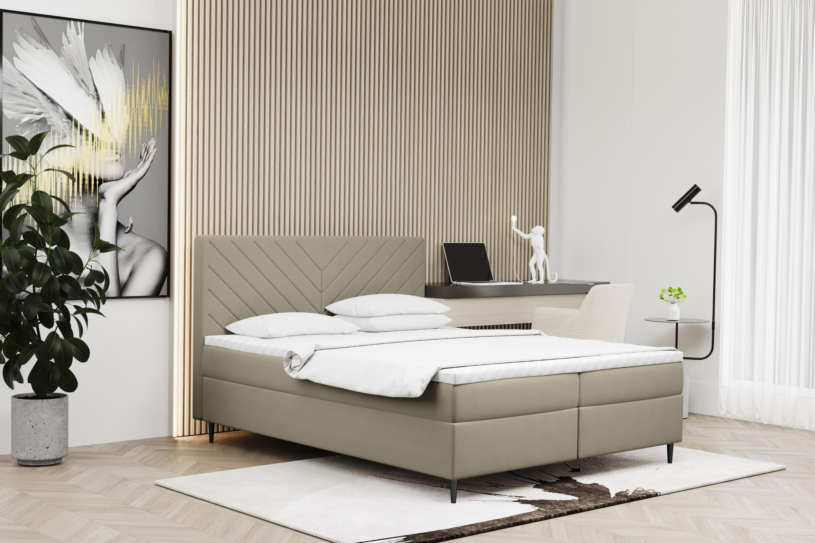 BOXBETT Mit Bettkasten Und Matratze + Topper RUGIA Stoff Velvet Beige 160x200 cm H3-Bonell - Beige/Schwarz, Holz/Textil (160/200cm) - Kaiser Möbel