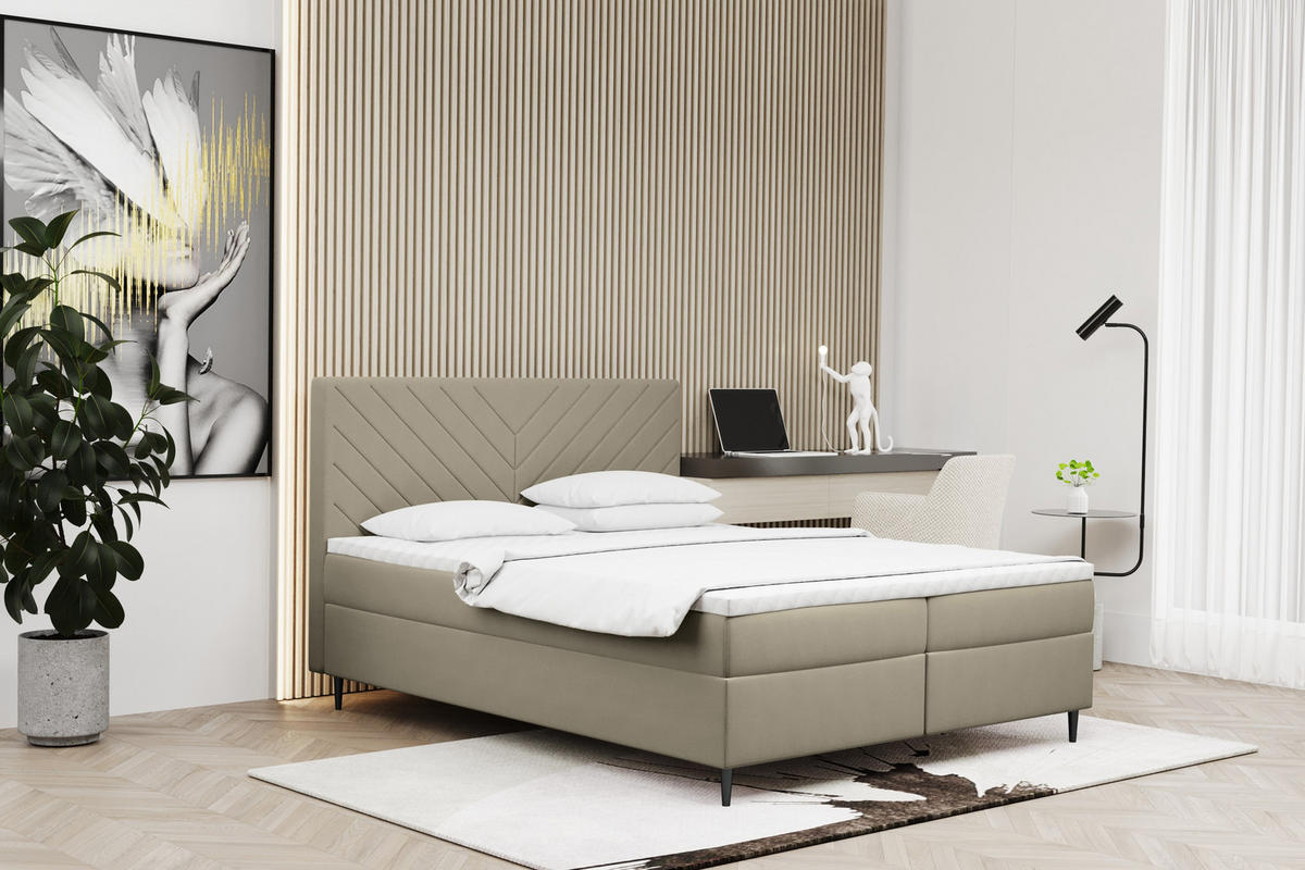 BOXBETT Mit Bettkasten Und Matratze + Topper RUGIA Stoff Velvet Beige 160x200 cm H2-Pocket - Beige, Holz/Holzwerkstoff (160/200cm) - Kaiser Möbel