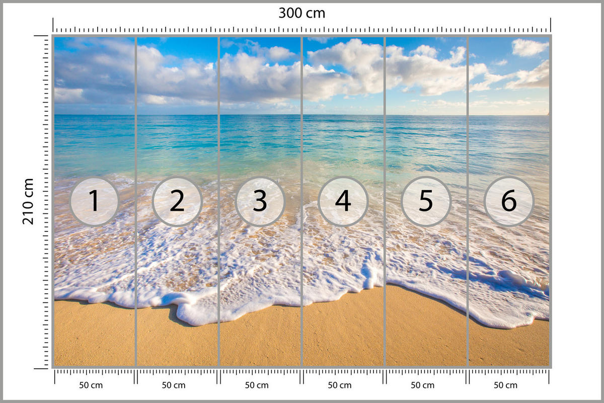 FOTOTAPETE für Wohnzimmer Türkisfarbenes Meer Wellen Goldener Strand 300x210 - Gelb/Beige, Papier (300/210cm) - Muralo