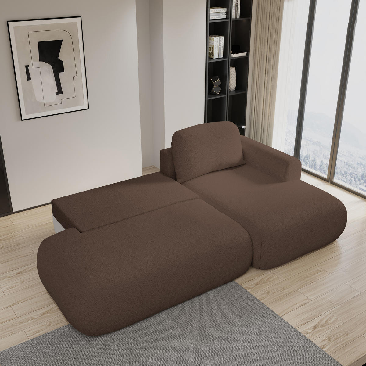 ECKSOFA NUVIRA R-S Braun Boucle-Stoff mit Schlaffunktion - Braun, Holz (274/165cm) - MASSENO