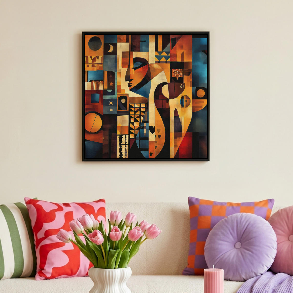 LEINWAND Bilder mit Rahmen - Figuren - Abstrakt - Symbole - 50x50 - Terracotta, Textil (50/50cm) - MuchoWow