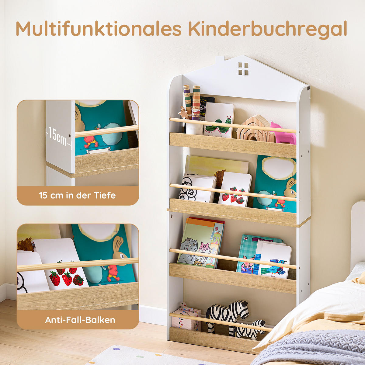 KINDER BÜCHERREGAL mit 4 Ablagen, Weiß - Weiß, Holz/Holzwerkstoff (60/130.5/15cm) - SoBuy