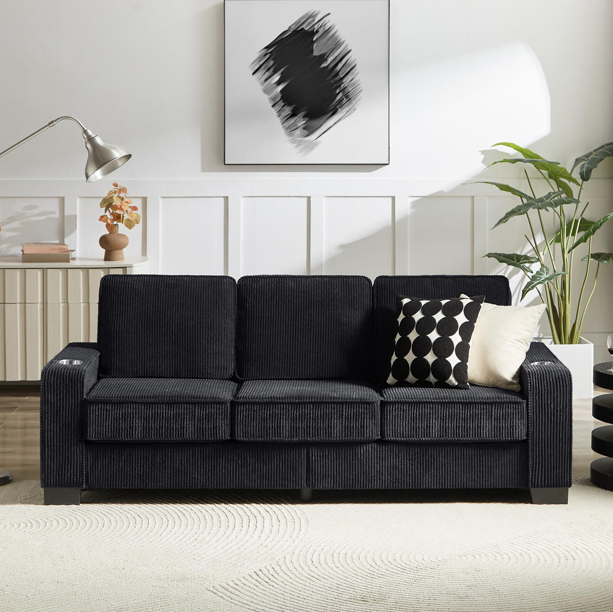 SOFA 3-Sitzer 206 cm Schwarz mit Getränkehaltern - Schwarz, Holzwerkstoff (206/86/72cm) - Meubliv