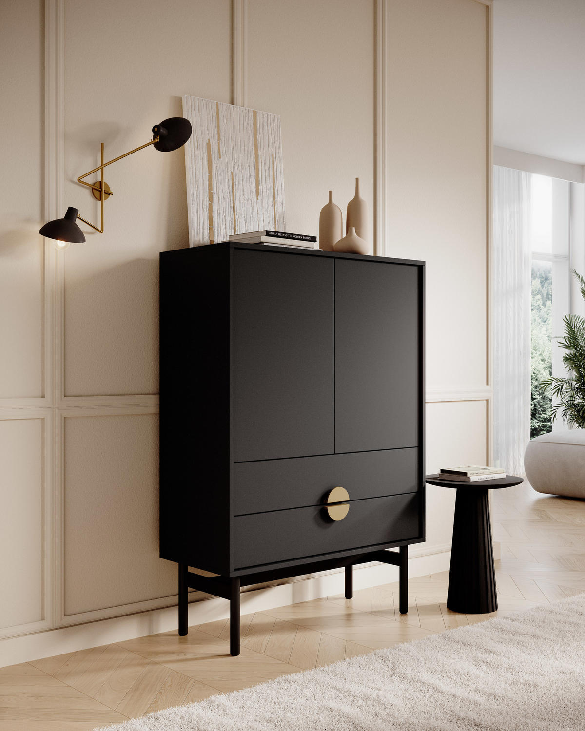 HIGHBOARD Stoon Schwarz 85 cm - Goldfarben/Schwarz, Holzwerkstoff/Metall (85.5/124/38cm) - Selsey