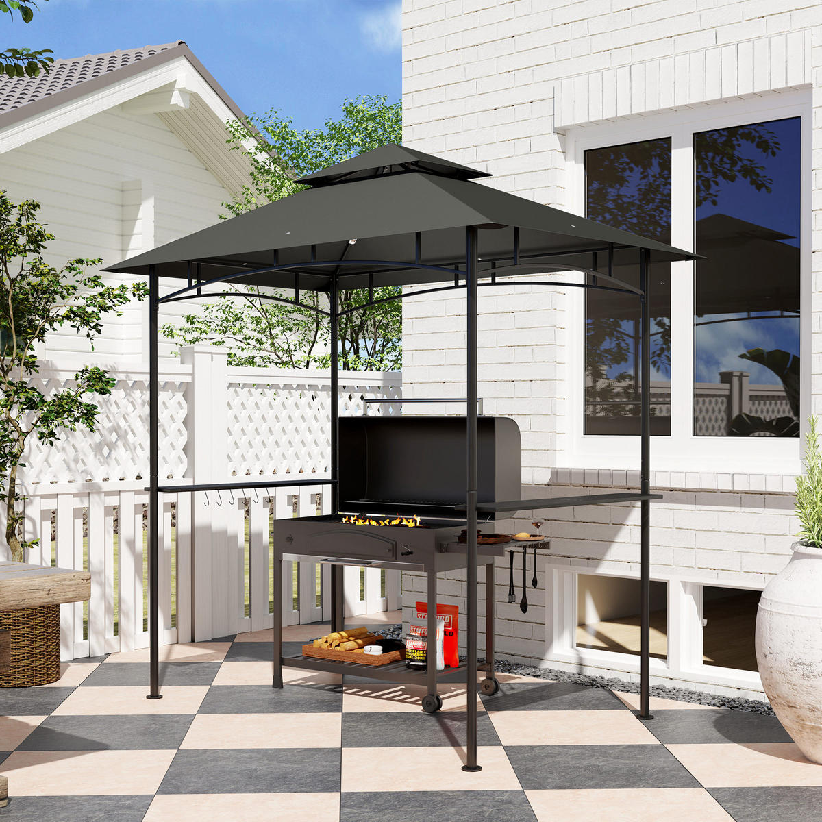 GRILLPAVILLON aus Metall und Polyester Dunkelgrau - Dunkelgrau, Metall (150/258/240cm) - Outsunny
