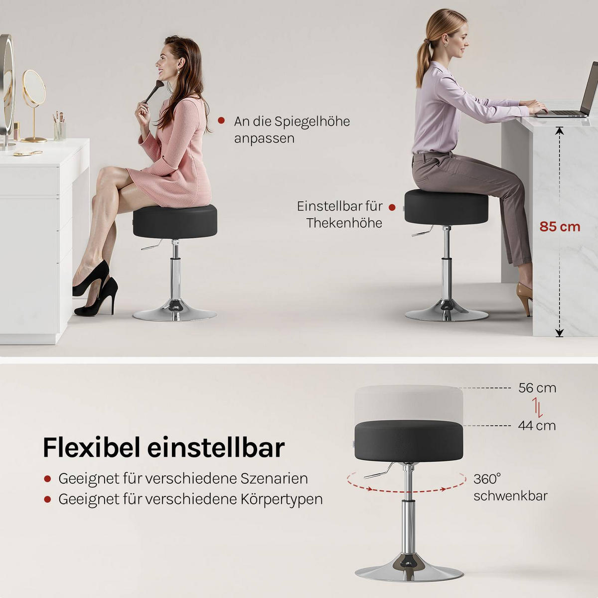 SITZHOCKER 2er Set, rund, Kunstleder, Grau - Silberfarben/Grau, Textil/Metall (38.5/56/38.5cm) - Woltu