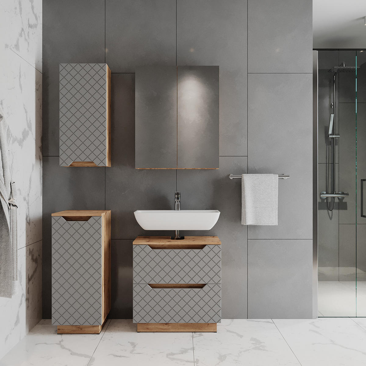 BADMÖBEL-SET Lotta Eiche/Grau mit Kachelstruktur 4 Teile - Grau, Holzwerkstoff (59.8/62.5/32cm) - Vicco