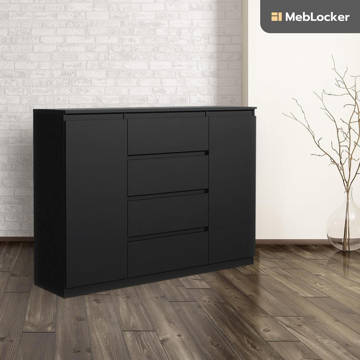 KOMMODE mit 4 Schubladen 2 Schranktüren 120 cm Schwarz - Schwarz, Holzwerkstoff (120.4/101.5/39cm) - MebLocker