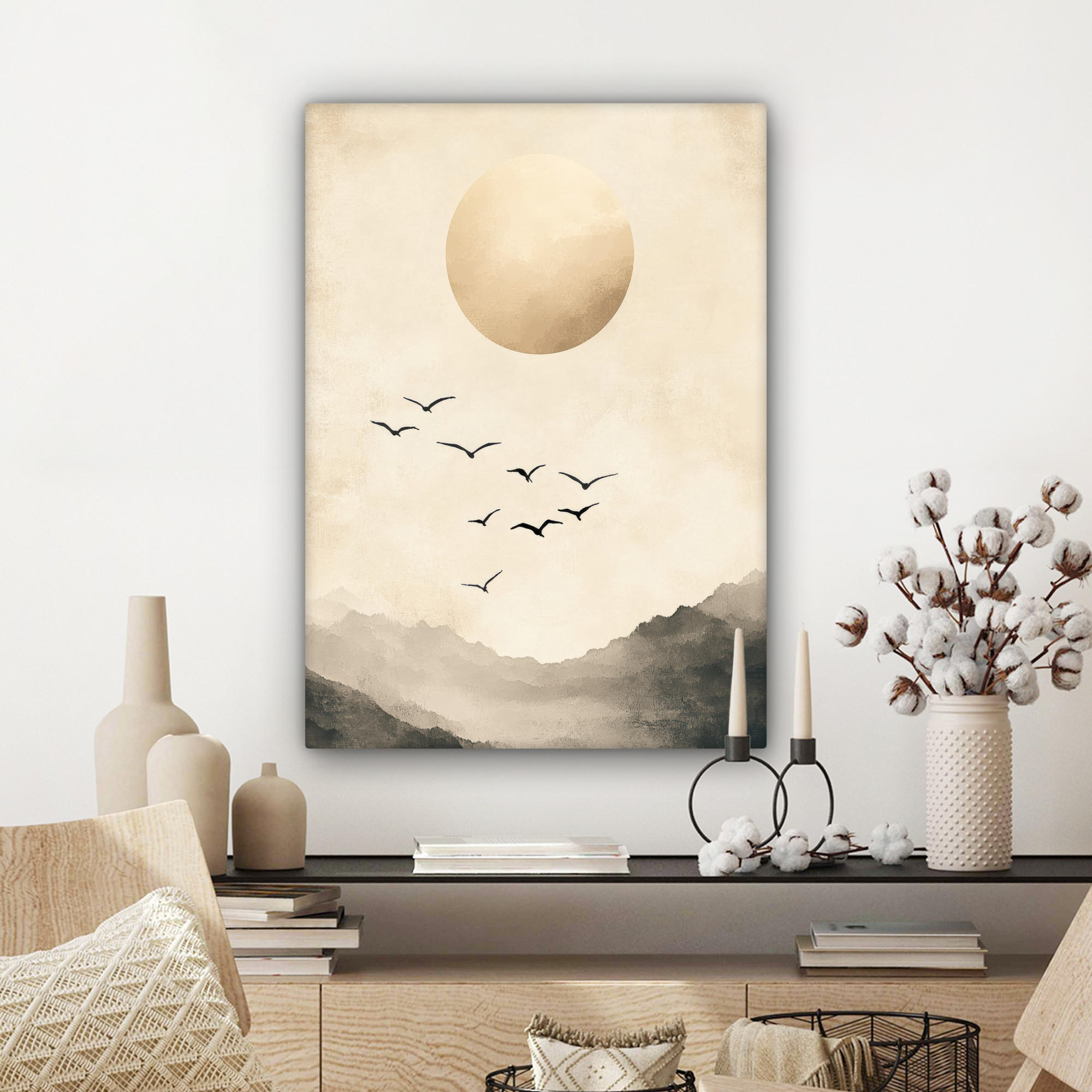 LEINWANDBILD Landschaft - Japandi - Vogel 60x80 cm - Beige, Textil (60/80cm) - MuchoWow