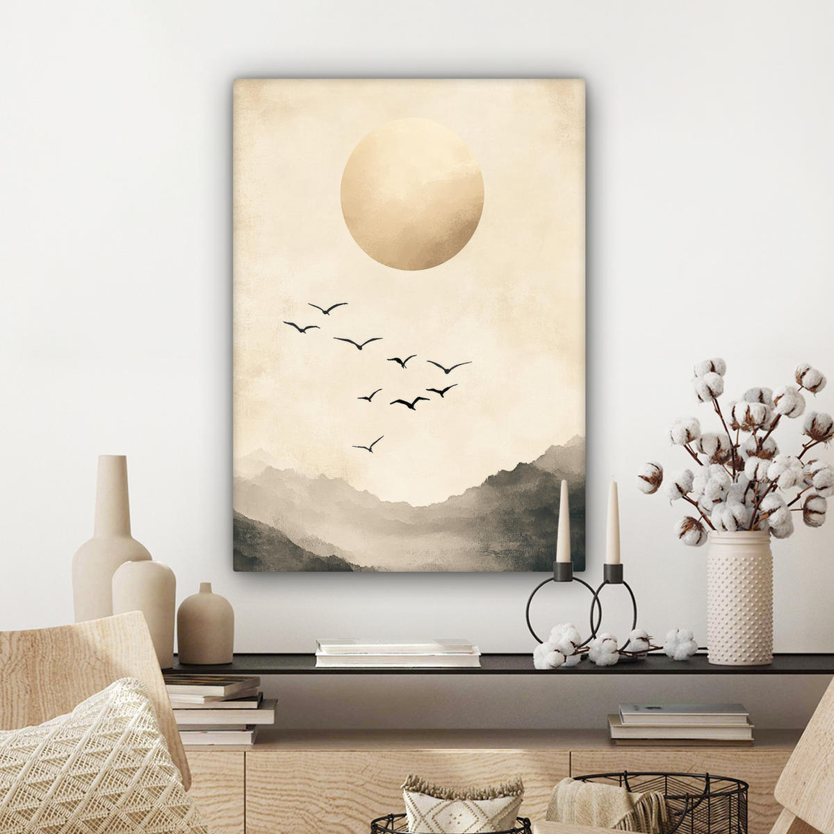 LEINWANDBILD Landschaft - Japandi - Vogel 60x80 cm - Beige, Textil (60/80cm) - MuchoWow