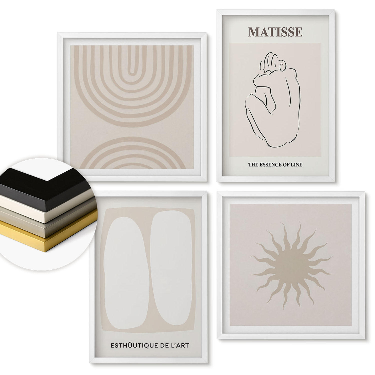 WANDBILDER 4er-Set - 50x50 cm & 40x60 cm Weißer Rahmen - Stilvolle minimalistische Linien - Weiß, Kunststoff (50/50cm) - ArtPrintCave