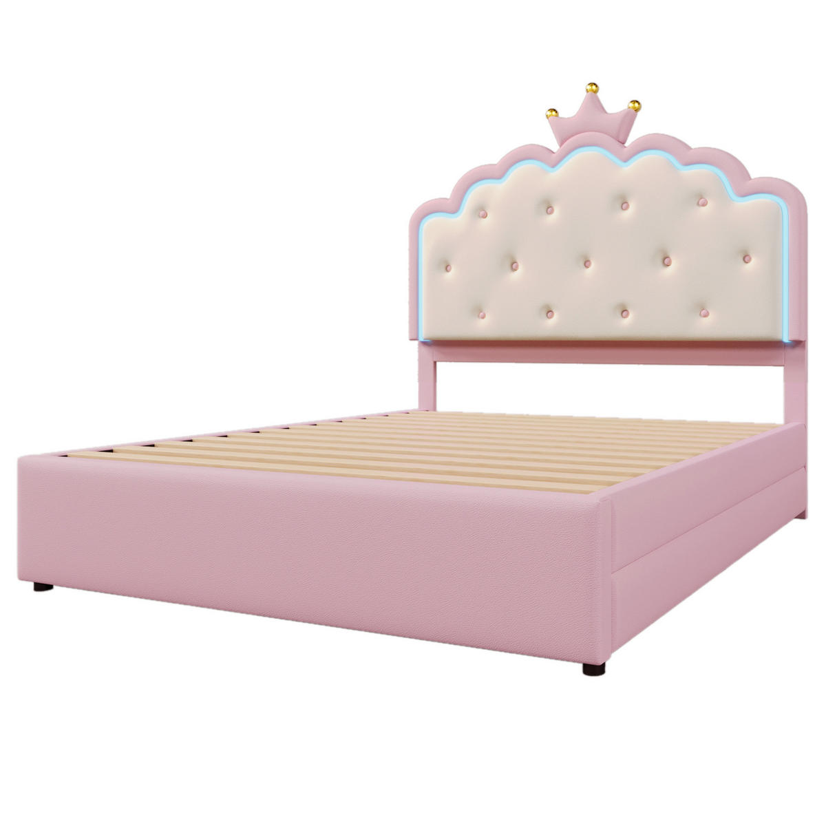 POLSTERBETT 140/200 cm aus PU und MDF mit LED-Beleuchtung, Ausziehbett und 2 Schubladen Rosa - Pink, Kunststoff (140/200cm) - Modenvie