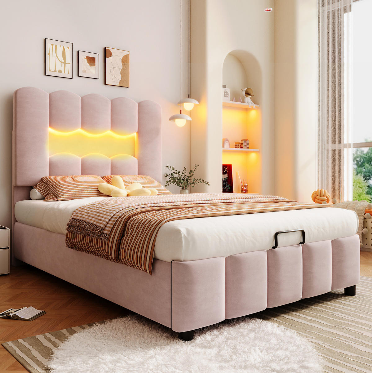 POLSTERBETT 90/200 cm mit LED-Beleuchtung, hydraulischem Bettkasten und verstellbarem Kopfteil aus Samt, Rosa - Rosa, Textil (90/200cm) - Redom