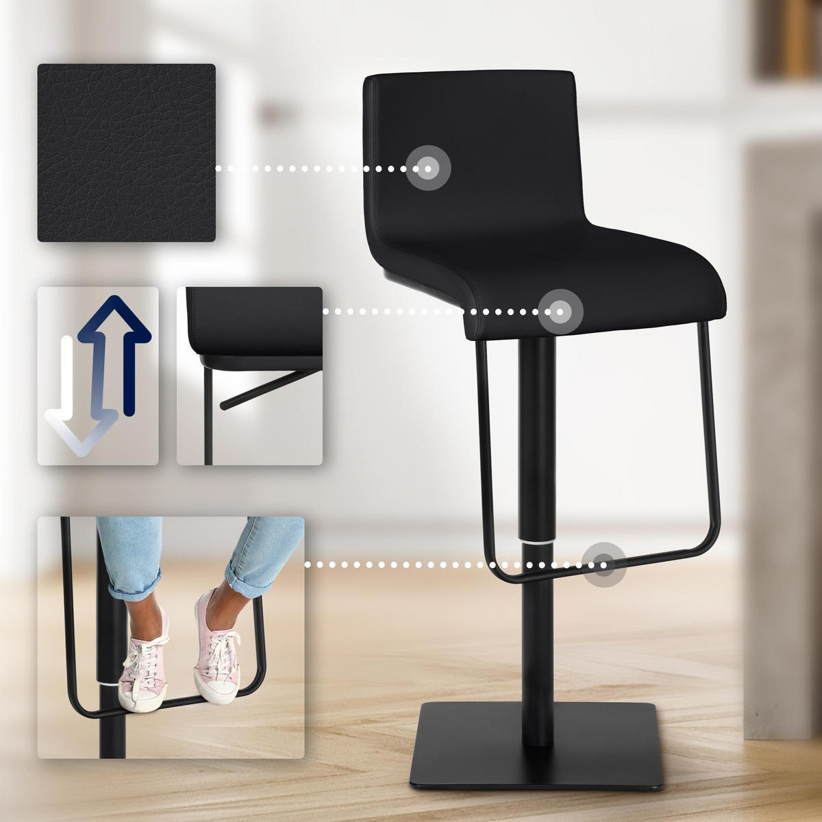 BARHOCKER Lederlook Schwarz - Schwarz, Textil/Metall (39/80/46cm) - CLP