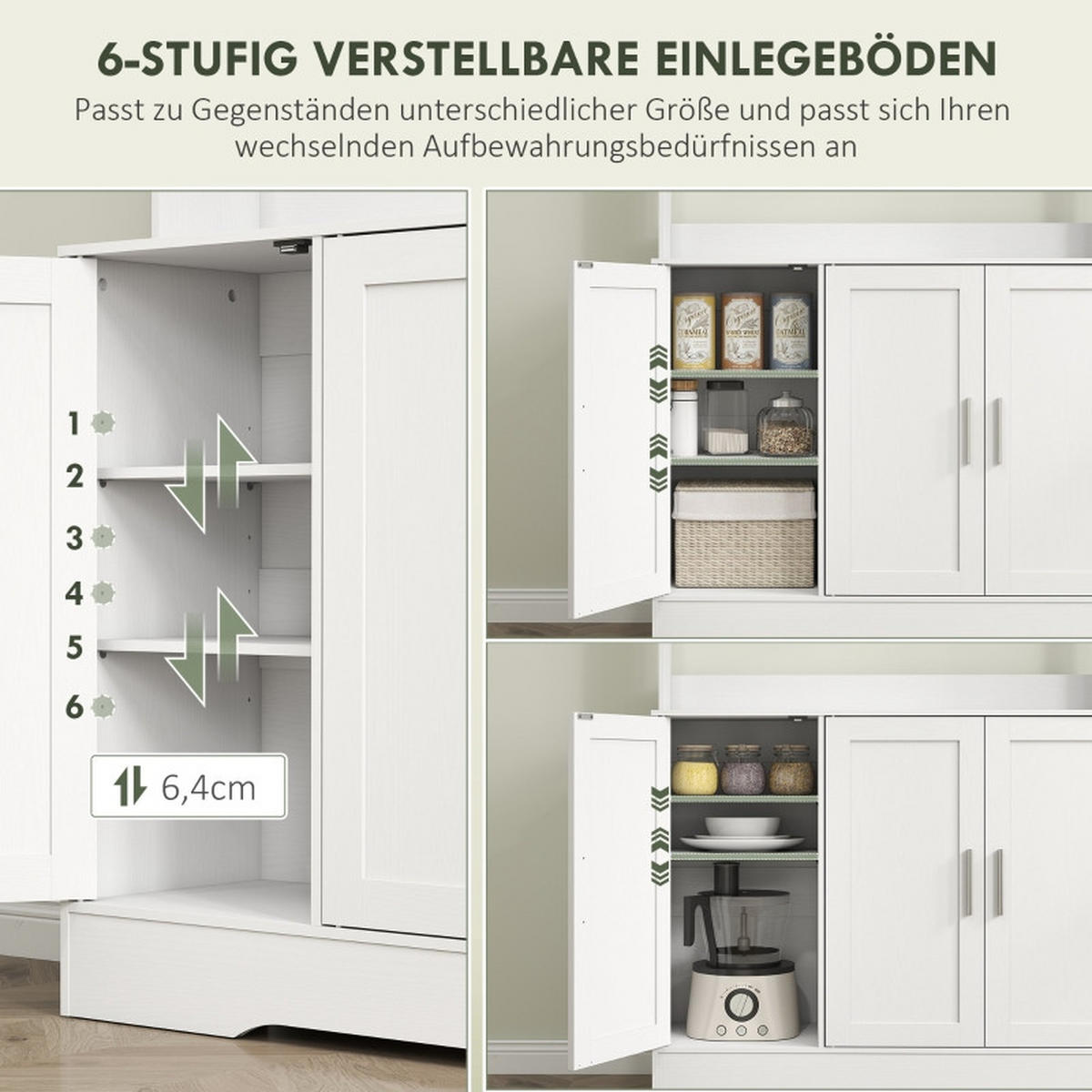 BUFFET DE-38807 108/35/180 cm 4 Schränke und Glastüren Weiß/Silber - Weiß, Holzwerkstoff (108/180/35cm) - ComfortXL