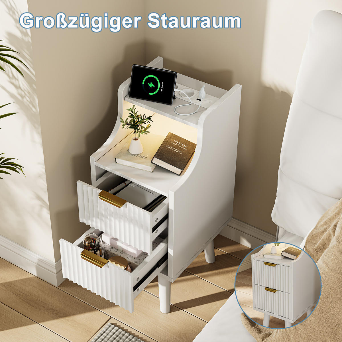 NACHTTISCH 2er-Set mit LED, Steckdose & USB, 2 Schubladen, Weiß, MDF - Weiß, Holz (25/76/30cm)